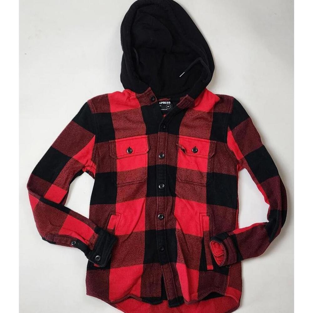 Express Red and Black Flannel Shirt Jacket with Hood
